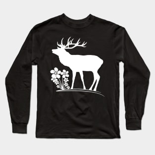 deer, stag, flowers, wild animal, hunting bloom Long Sleeve T-Shirt
